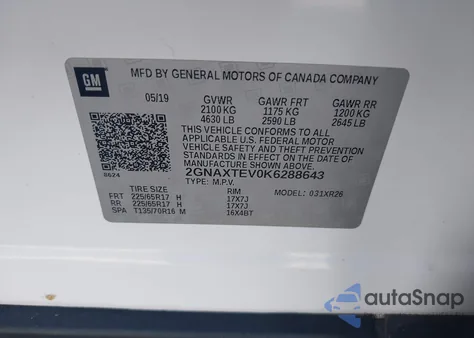 2019 Chevrolet Equinox Lt z USA, uszkodzony, nr VIN 2GNAXTEV0K6288643